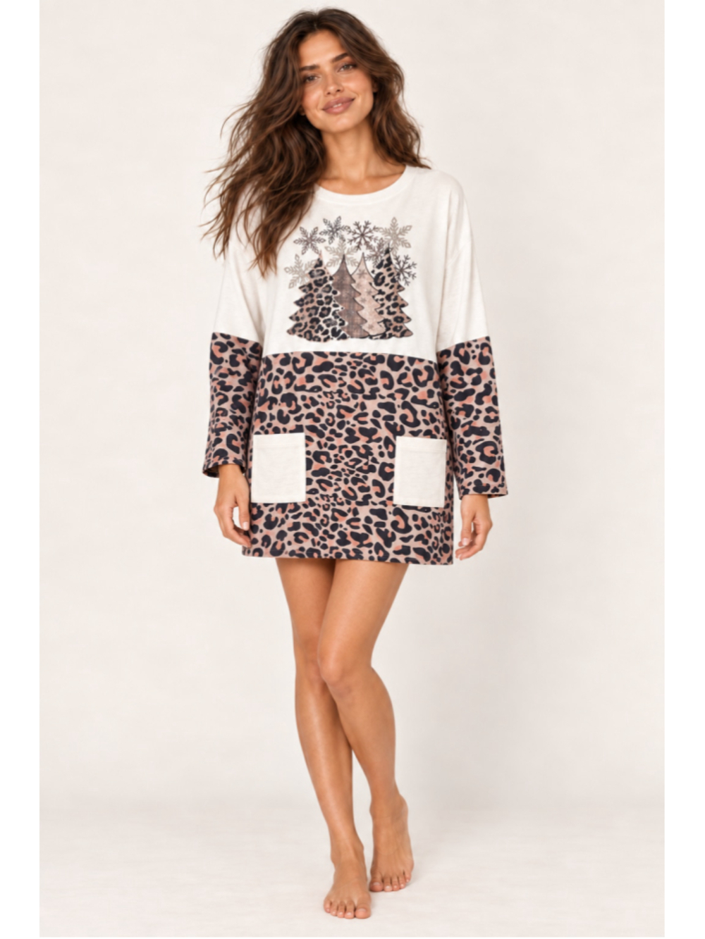 Christmas Tree Leopard Oversized Dress Sweatshirt XL Lounge Holiday Festive Boho